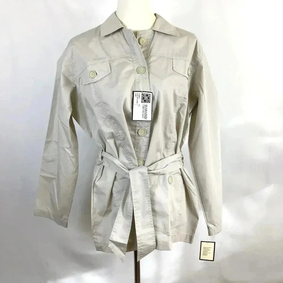 Women's Haband Short Trench L Windbreaker Chore Coat Beige Sash Belt Button-Up - Picture 6 of 15